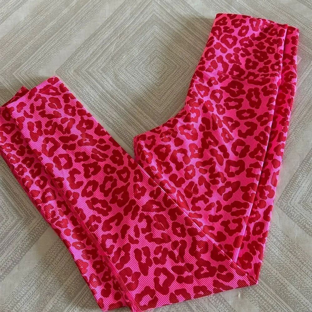 Beach Riot Women’s Pink with Red Animal Print Ribbed High Waisted Leggings